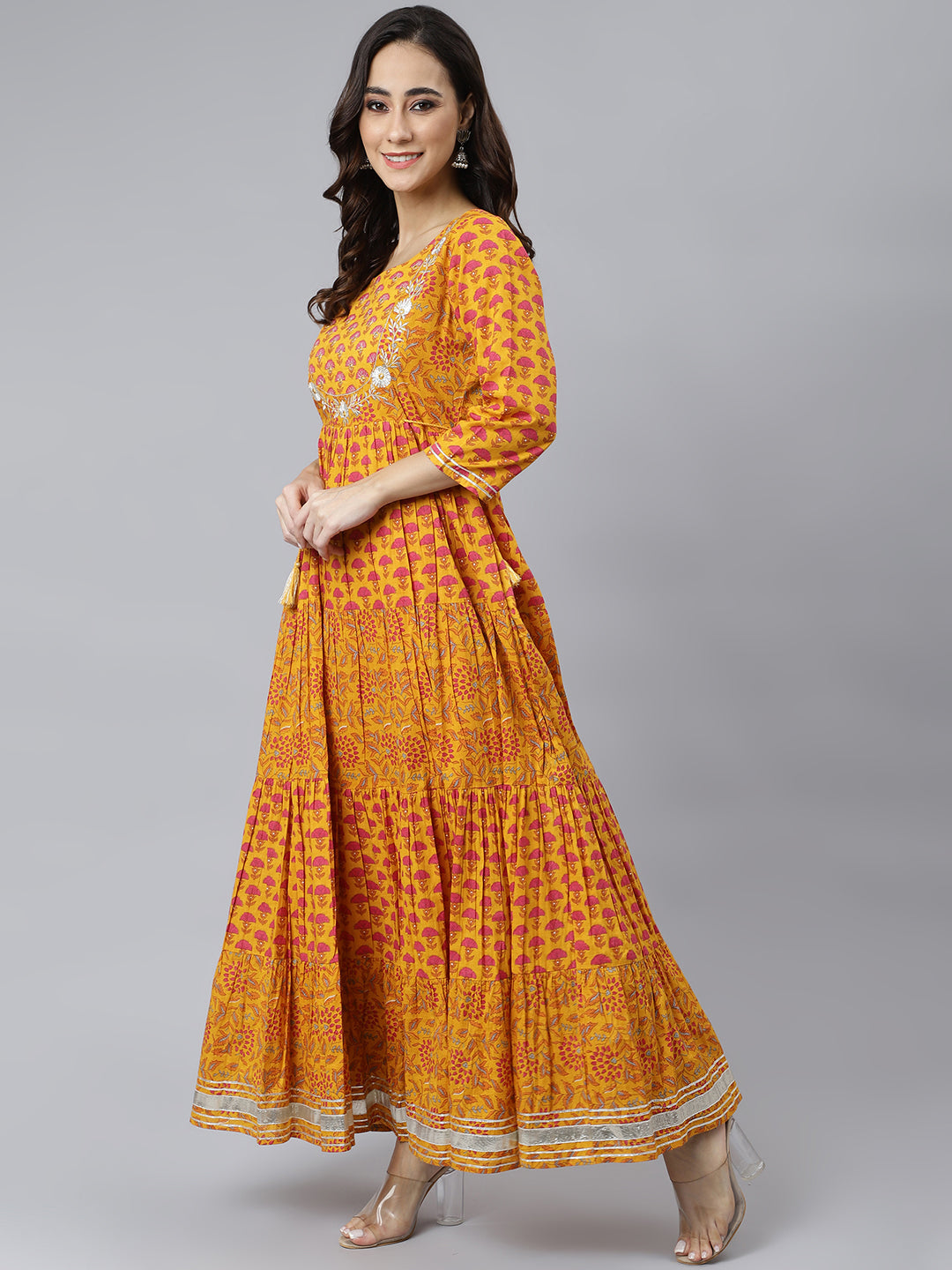 Janasya Women's Mustard Cotton Floral Print Flared Kurta | Swadesiicart