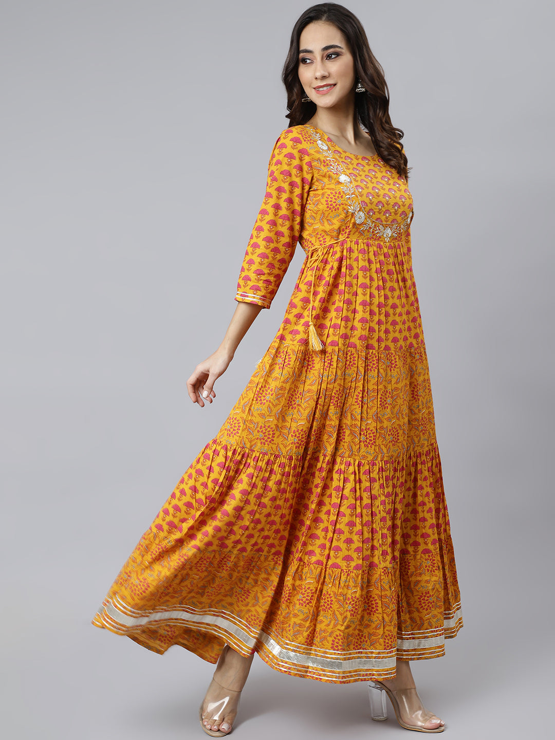 Janasya Women's Mustard Cotton Floral Print Flared Kurta | Swadesiicart