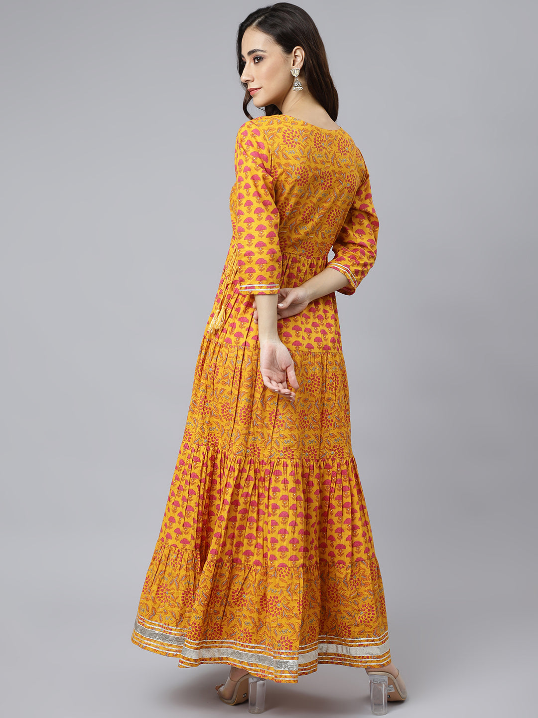 Janasya Women's Mustard Cotton Floral Print Flared Kurta | Swadesiicart