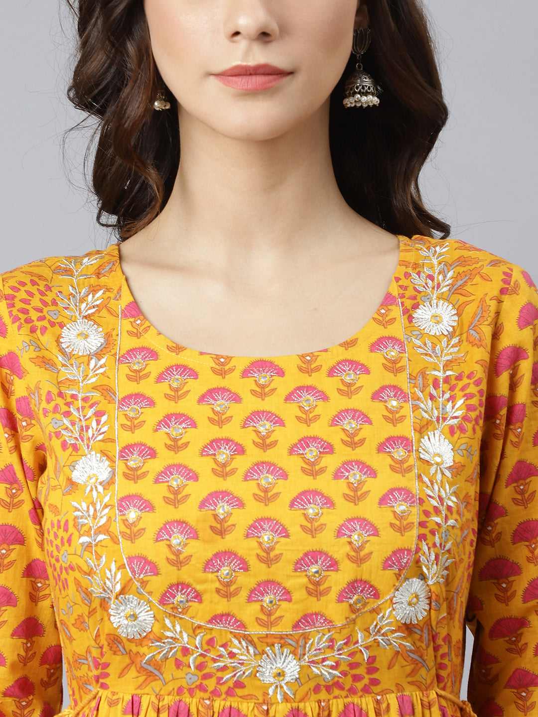 Janasya Women's Mustard Cotton Floral Print Flared Kurta | Swadesiicart
