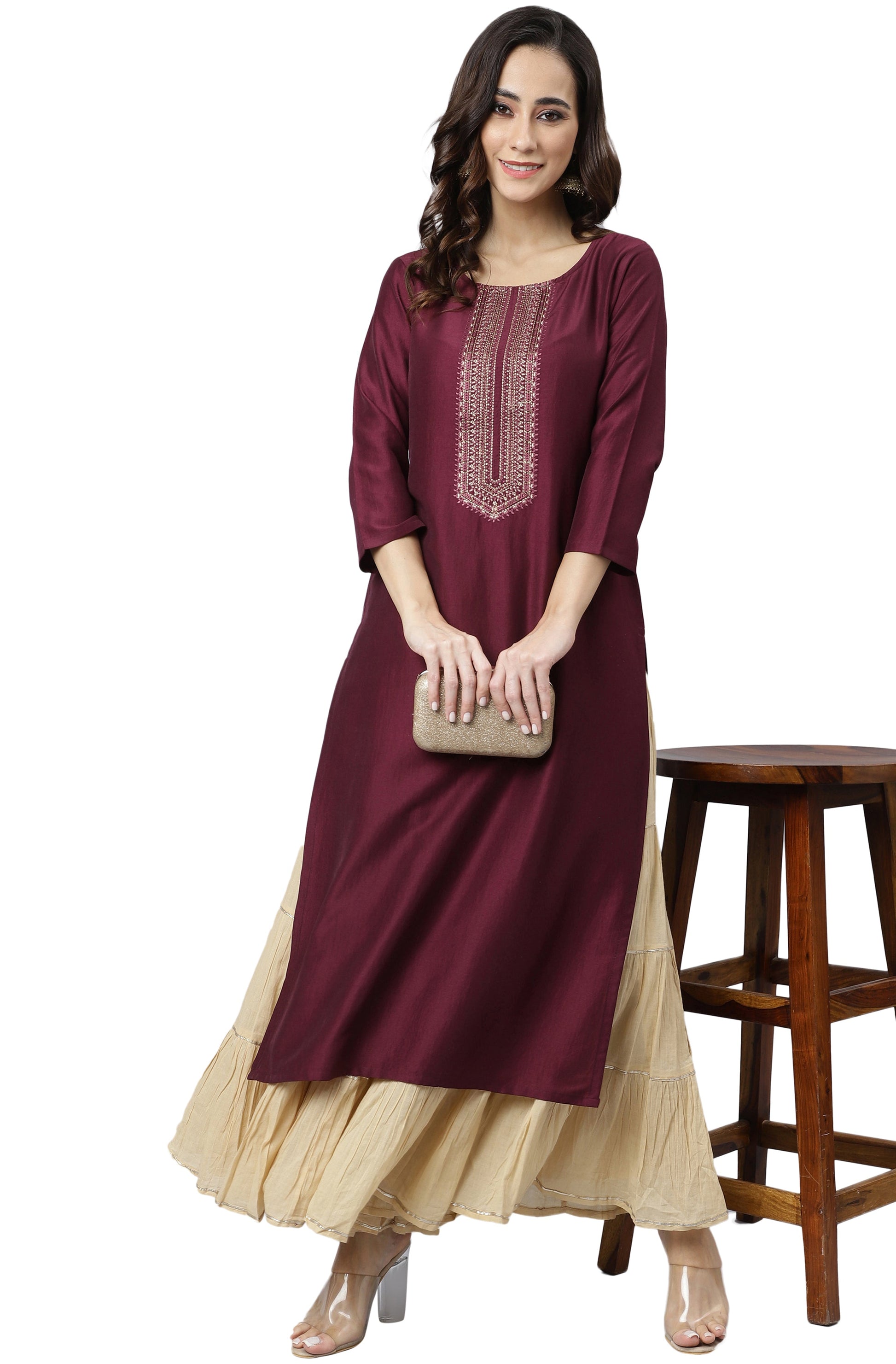 Janasya Wine Poly Silk Solid Straight kurta - Swadesiicart