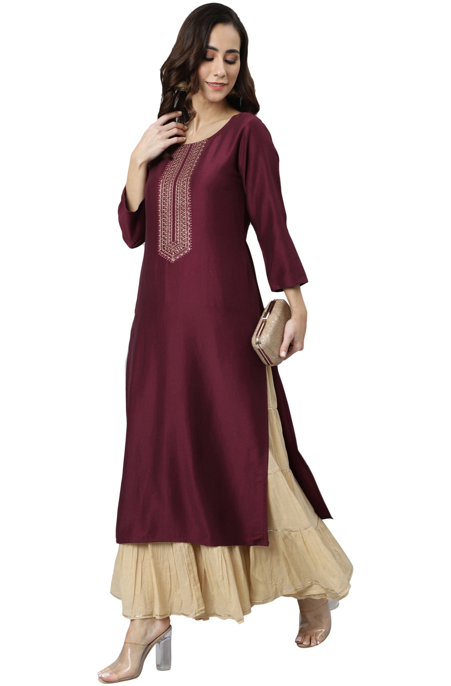 Janasya Wine Poly Silk Solid Straight kurta - Swadesiicart