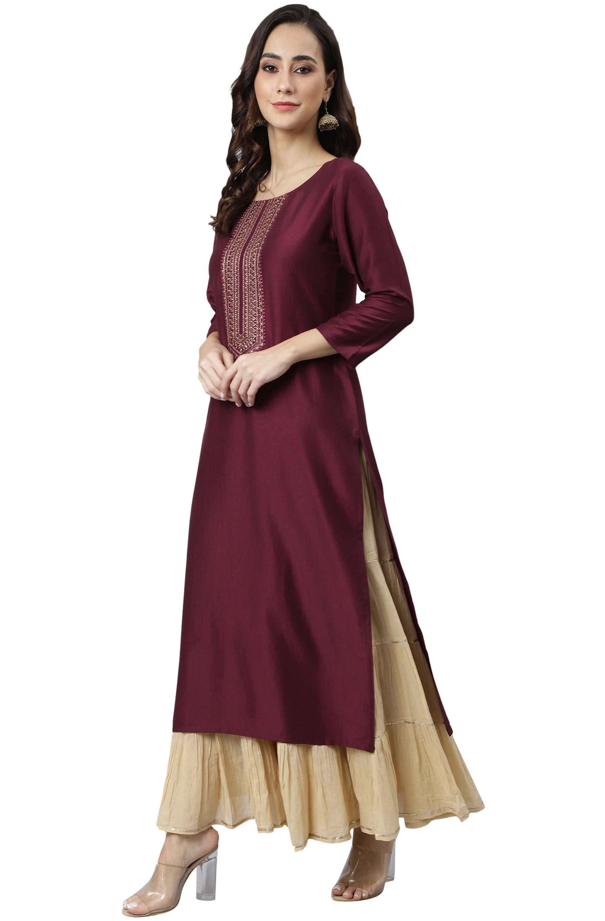 Janasya Wine Poly Silk Solid Straight kurta - Swadesiicart