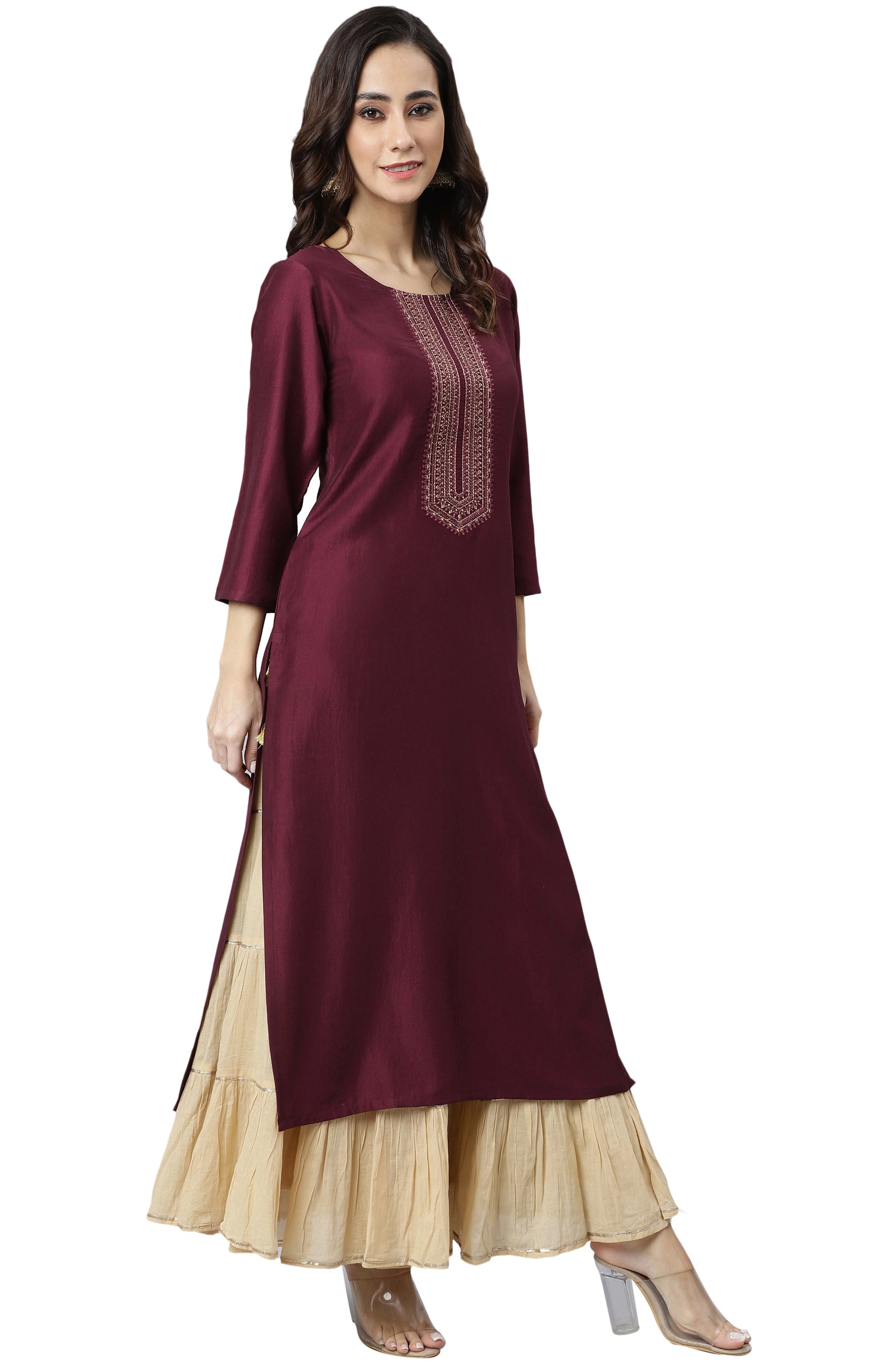Janasya Wine Poly Silk Solid Straight kurta - Swadesiicart