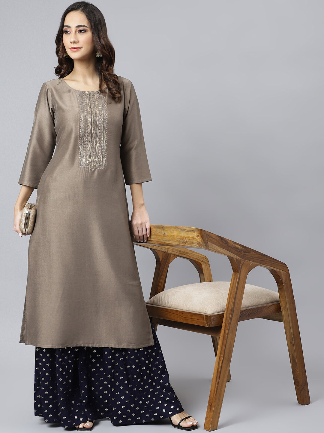 Janasya Women's Taupe Poly Silk Solid Casual Straight kurta | Swadesiicart