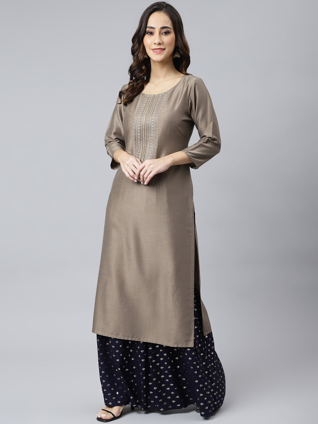 Janasya Women's Taupe Poly Silk Solid Casual Straight kurta | Swadesiicart