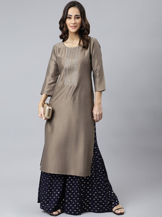 Janasya Women's Taupe Poly Silk Solid Casual Straight kurta | Swadesiicart