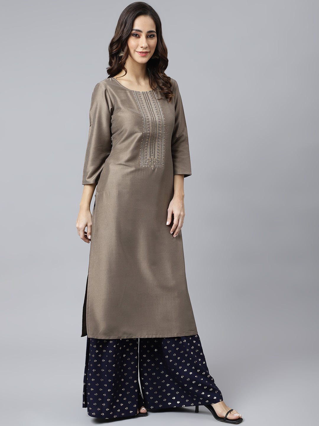 Janasya Women's Taupe Poly Silk Solid Casual Straight kurta | Swadesiicart