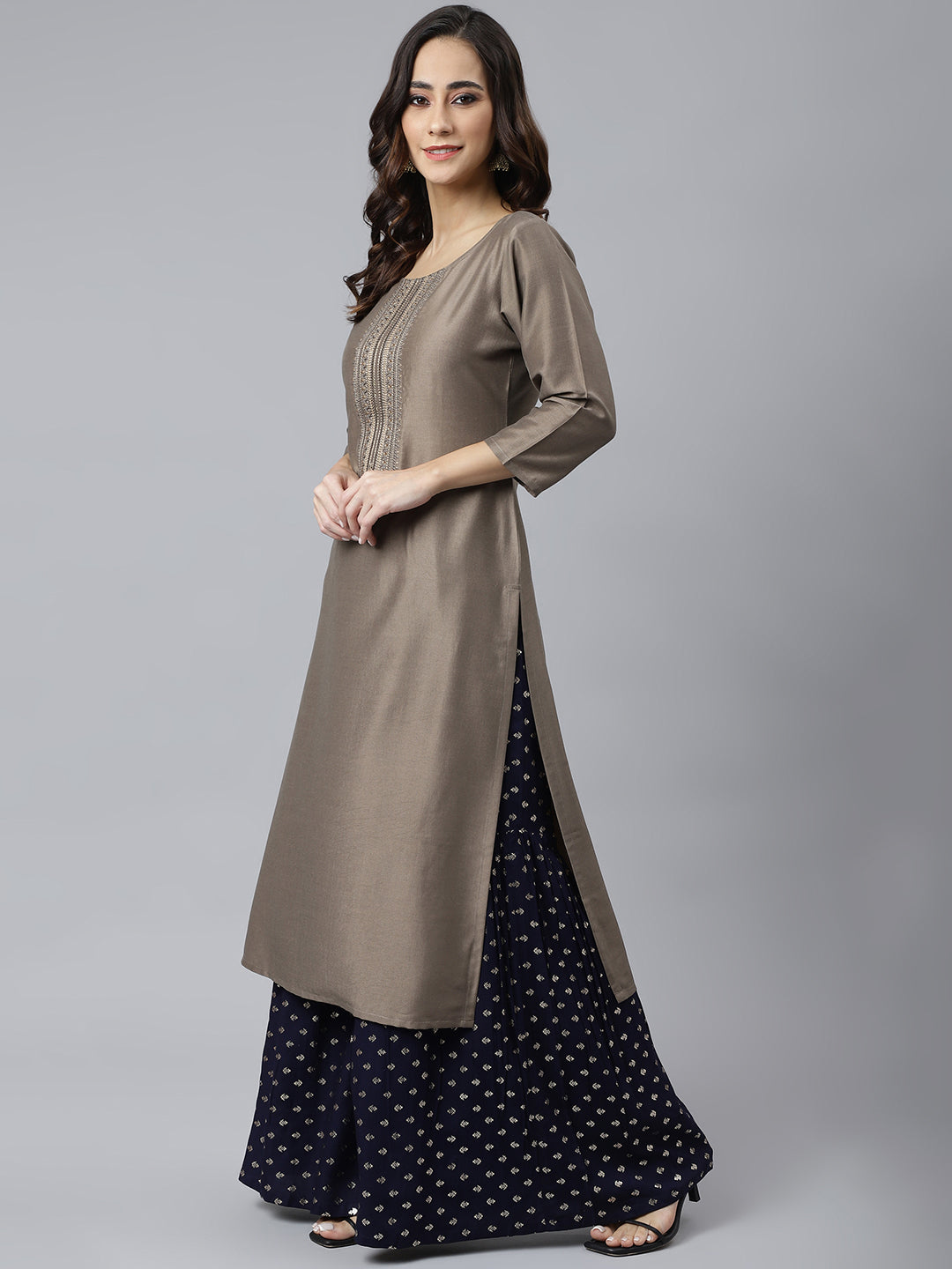 Janasya Women's Taupe Poly Silk Solid Casual Straight kurta | Swadesiicart