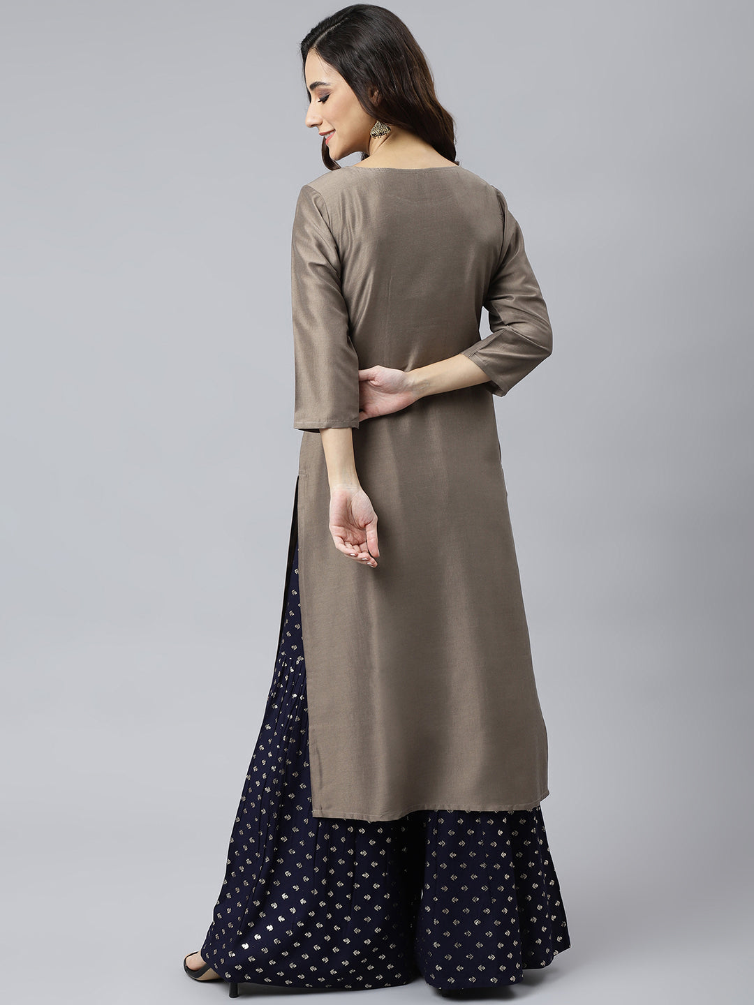 Janasya Women's Taupe Poly Silk Solid Casual Straight kurta | Swadesiicart