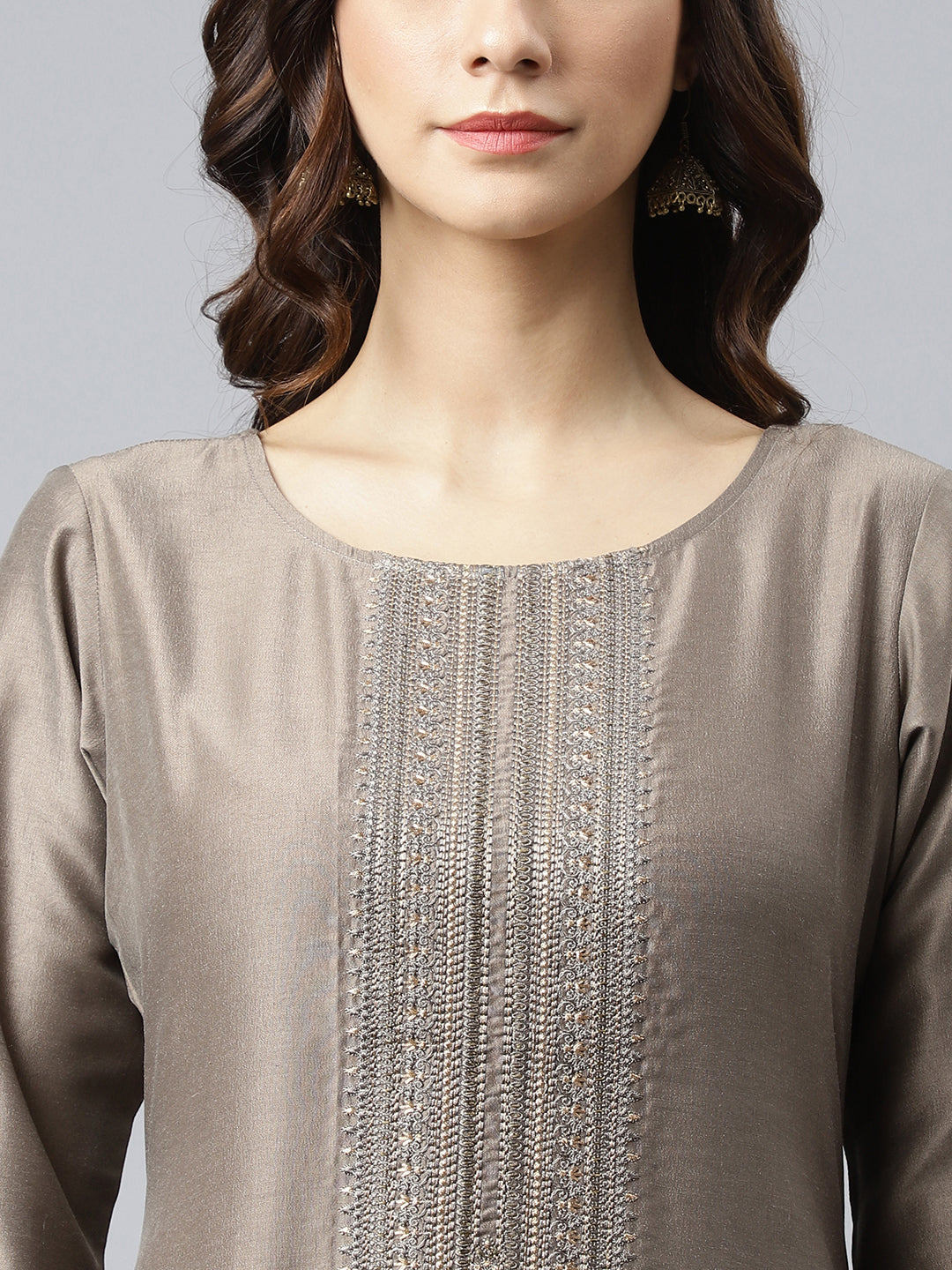 Janasya Women's Taupe Poly Silk Solid Casual Straight kurta | Swadesiicart