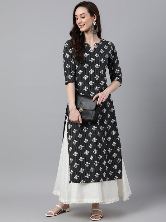 Janasya Women's Black Cotton Floral Printed Casual Straight Kurta | Swadesiicart
