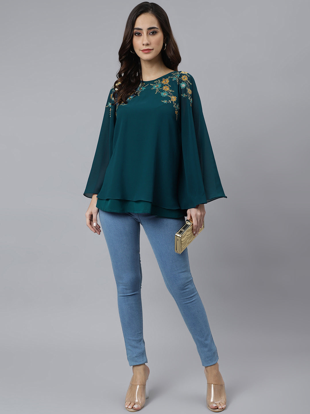 Janasya Women's Teal Blue Georgette Embellished Casual A-Line Top | Swadesiicart