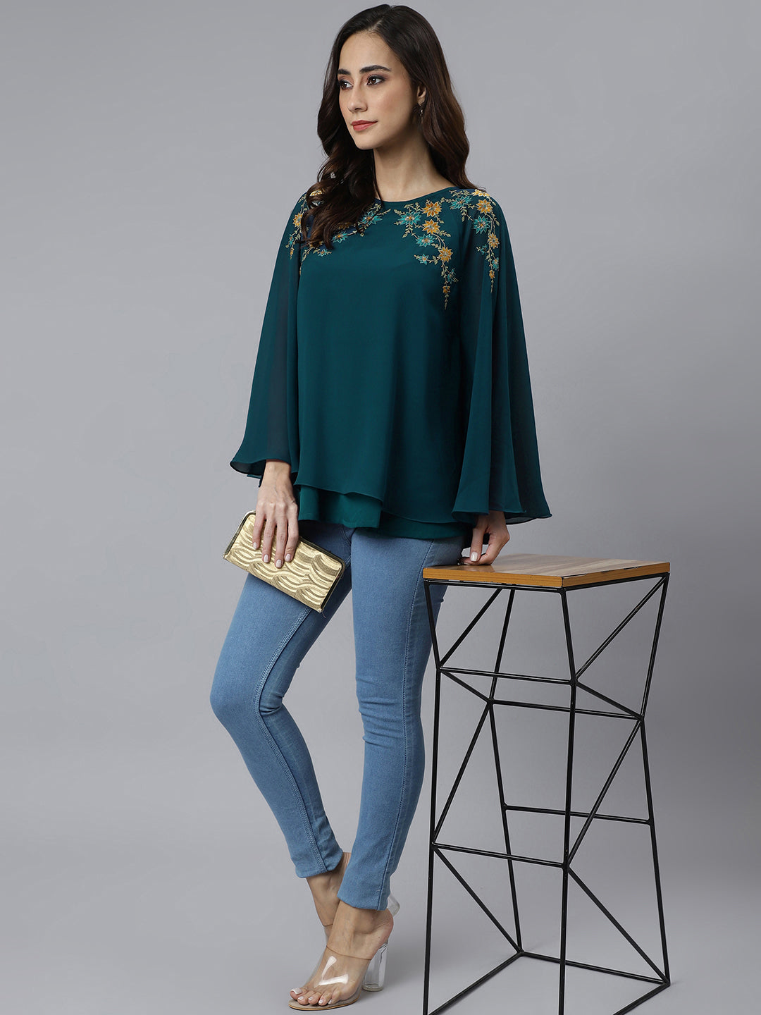 Janasya Women's Teal Blue Georgette Embellished Casual A-Line Top | Swadesiicart