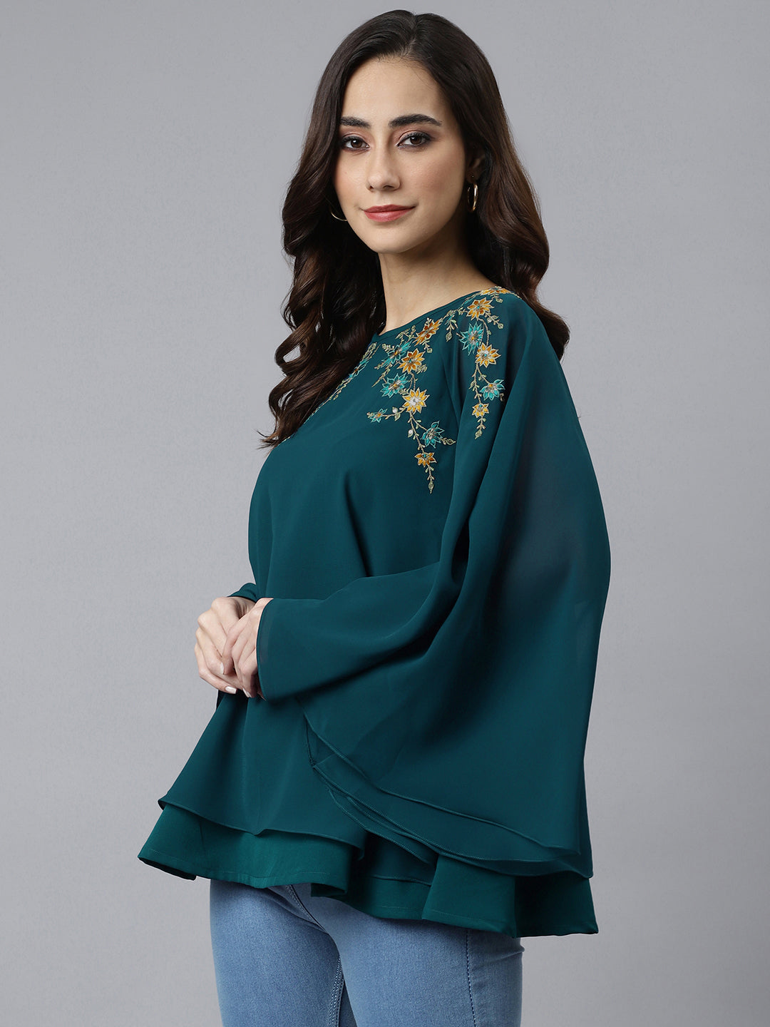 Janasya Women's Teal Blue Georgette Embellished Casual A-Line Top | Swadesiicart