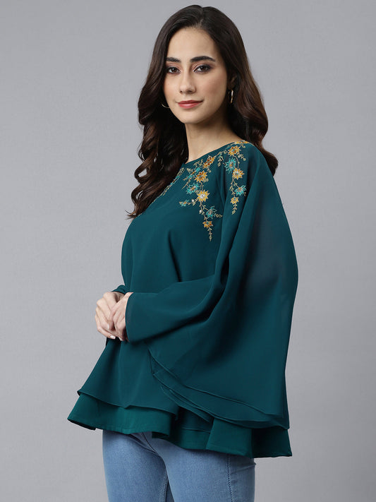 Janasya Women's Teal Blue Georgette Embellished Casual A-Line Top | Swadesiicart