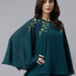 Janasya Women's Teal Blue Georgette Embellished Casual A-Line Top | Swadesiicart