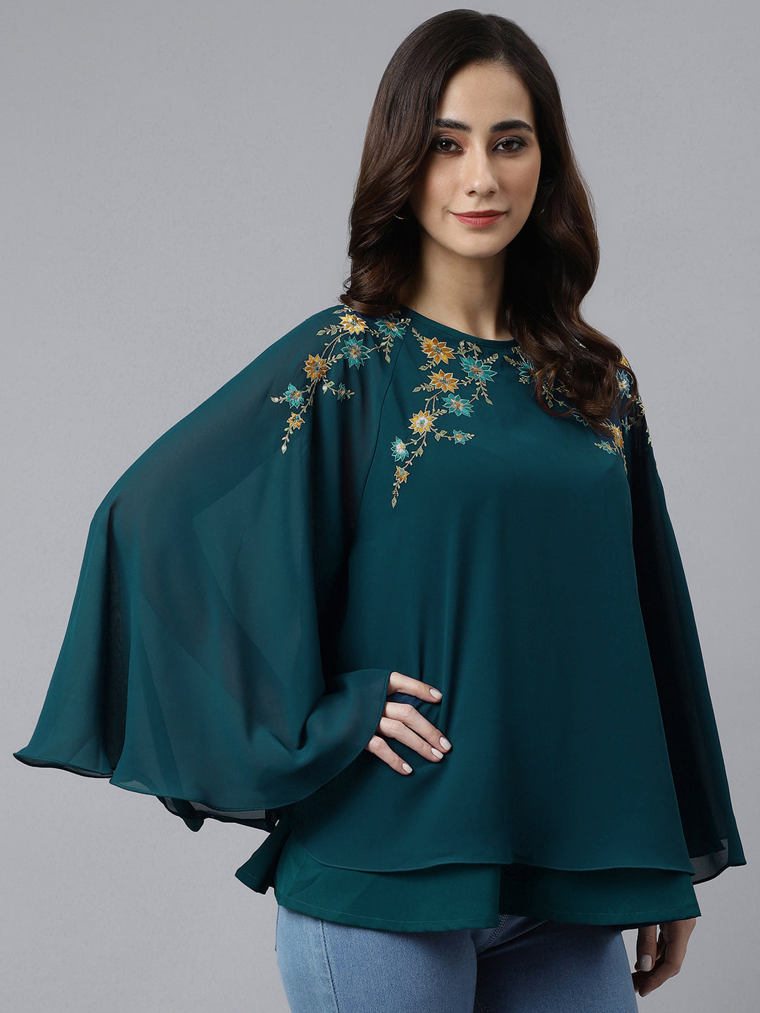 Janasya Women's Teal Blue Georgette Embellished Casual A-Line Top | Swadesiicart