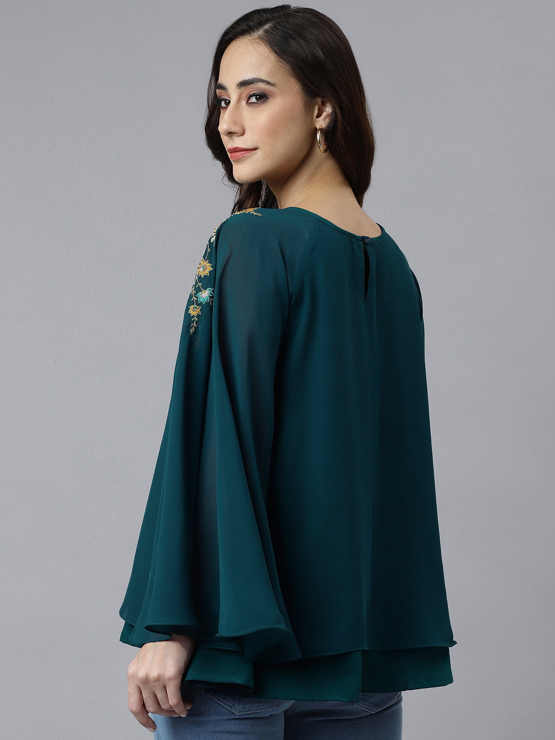 Janasya Women's Teal Blue Georgette Embellished Casual A-Line Top | Swadesiicart