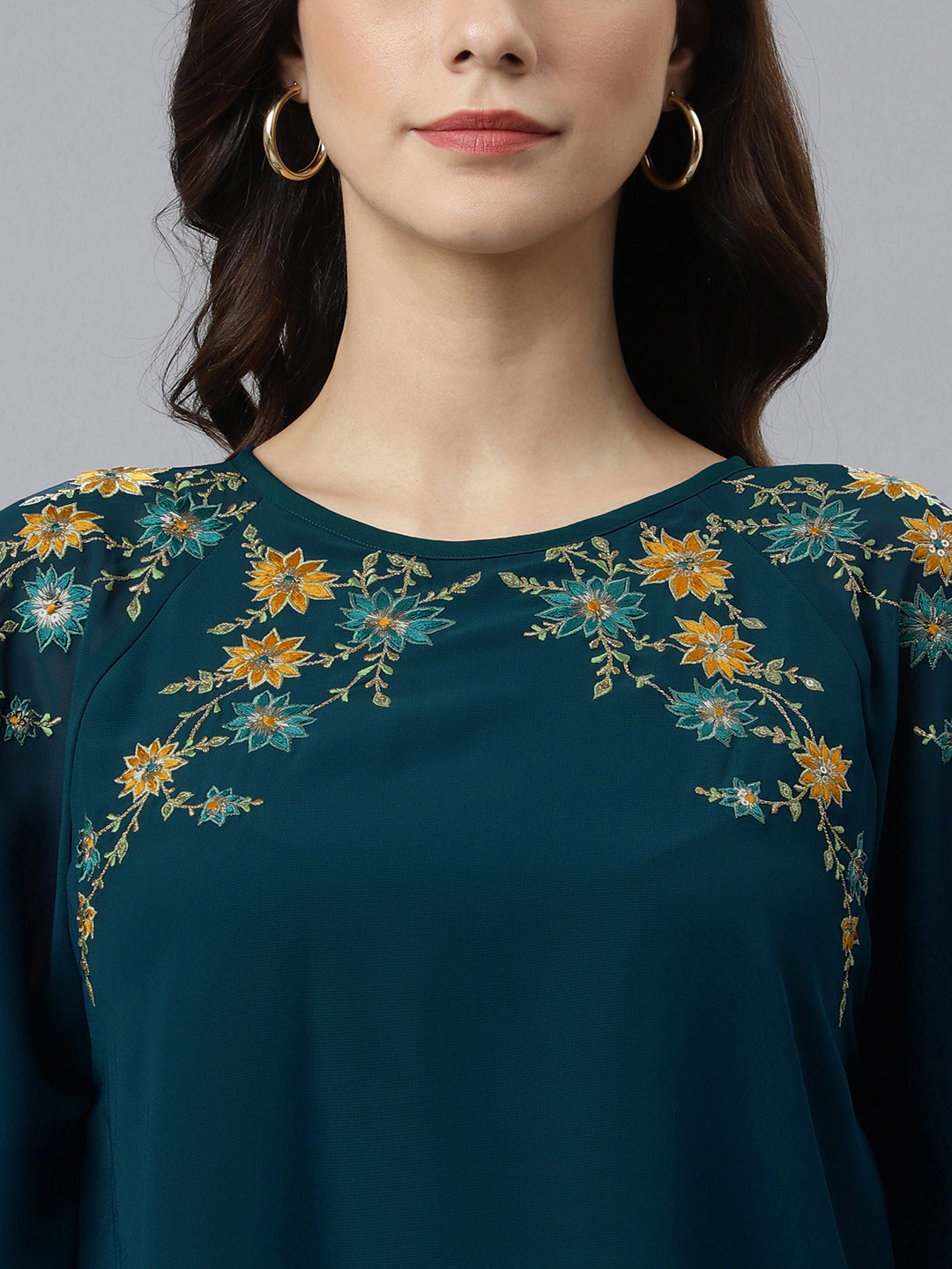 Janasya Women's Teal Blue Georgette Embellished Casual A-Line Top | Swadesiicart
