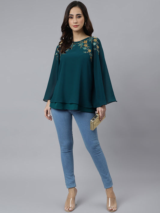 Janasya Women's Teal Blue Georgette Embellished Casual A-Line Top | Swadesiicart