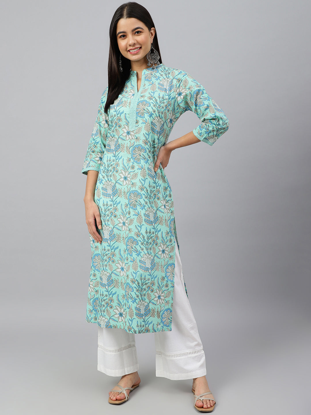Janasya Women's Mint Green Cotton Floral Printed Casual Straight Kurta | Swadesiicart