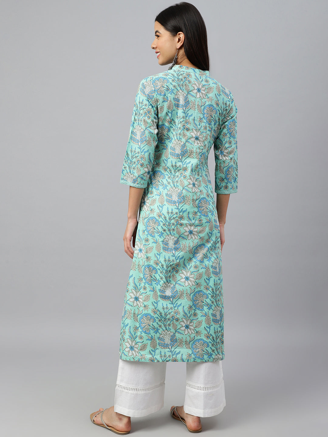 Janasya Women's Mint Green Cotton Floral Printed Casual Straight Kurta | Swadesiicart