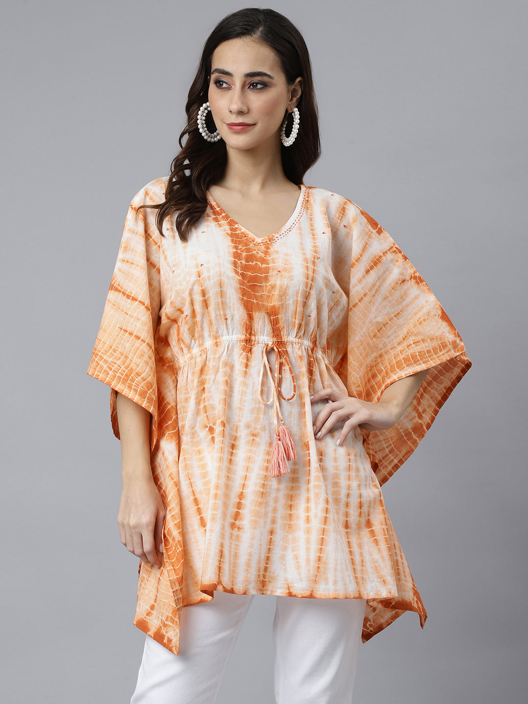 Janasya Women's Rust Cotton Tie dye Kaftan Kaftan Tunic | Swadesiicart