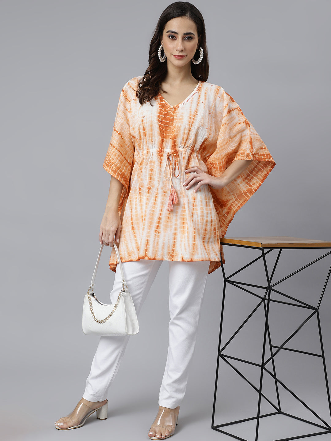 Janasya Women's Rust Cotton Tie dye Kaftan Kaftan Tunic | Swadesiicart
