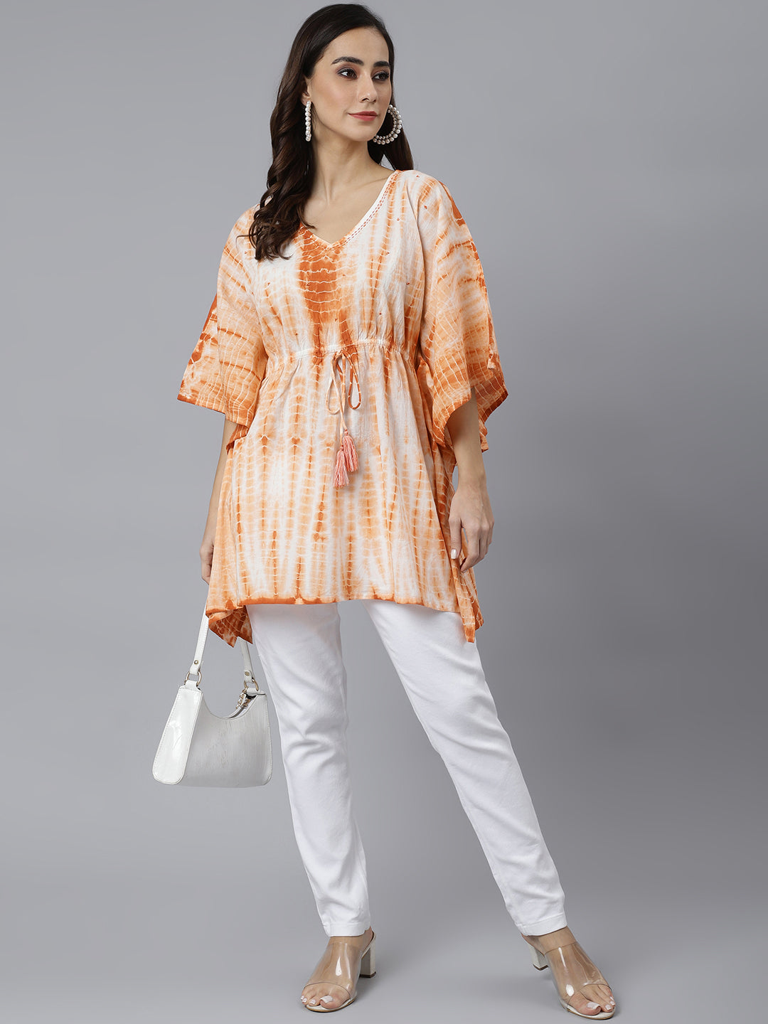 Janasya Women's Rust Cotton Tie dye Kaftan Kaftan Tunic | Swadesiicart