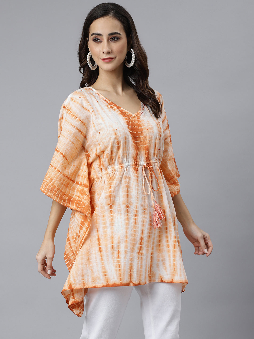 Janasya Women's Rust Cotton Tie dye Kaftan Kaftan Tunic | Swadesiicart