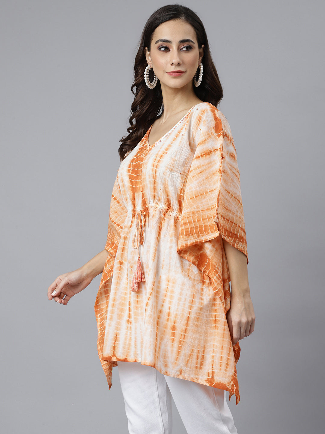 Janasya Women's Rust Cotton Tie dye Kaftan Kaftan Tunic | Swadesiicart