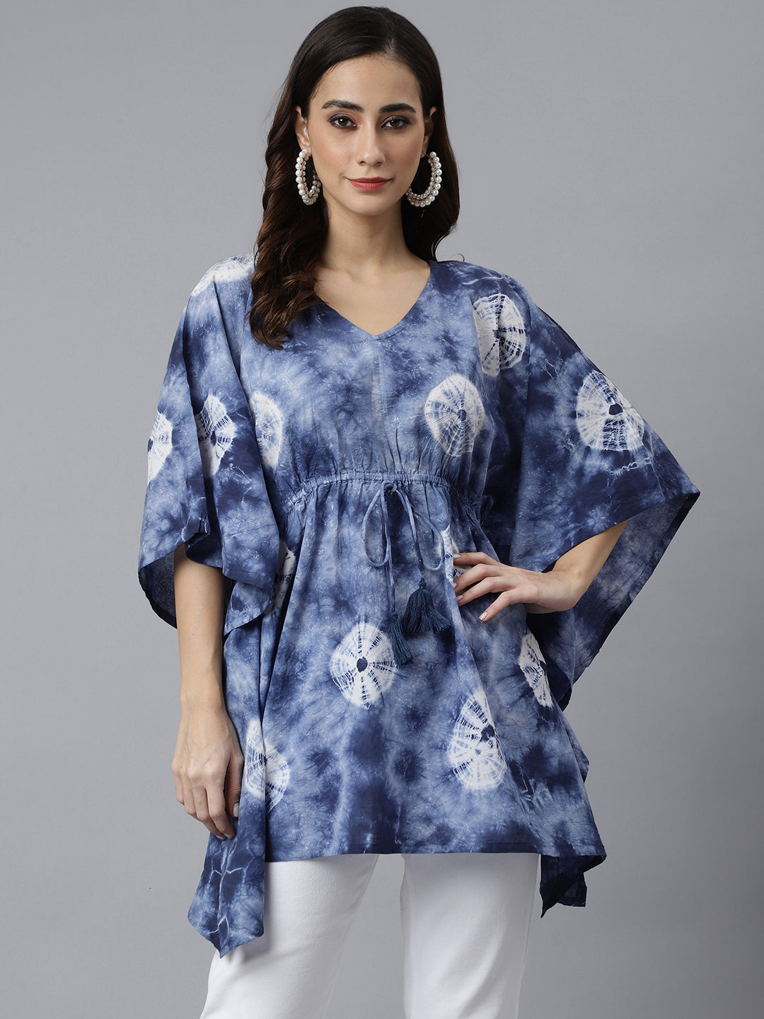 Janasya Women's Navy Blue Cotton Tie dye Kaftan Kaftan Tunic | Swadesiicart
