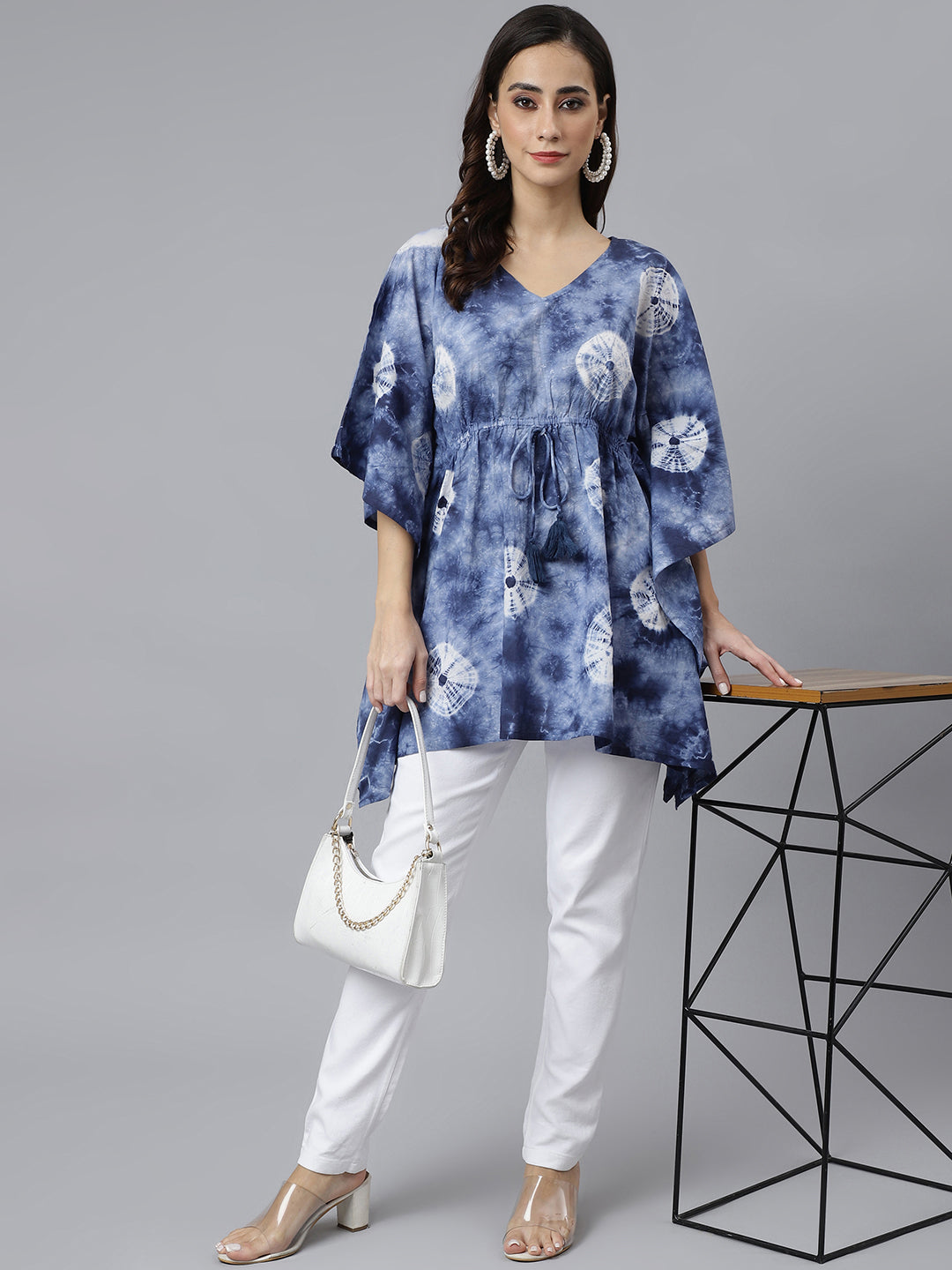 Janasya Women's Navy Blue Cotton Tie dye Kaftan Kaftan Tunic | Swadesiicart