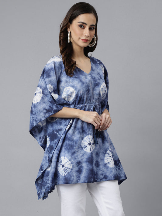 Janasya Women's Navy Blue Cotton Tie dye Kaftan Kaftan Tunic | Swadesiicart