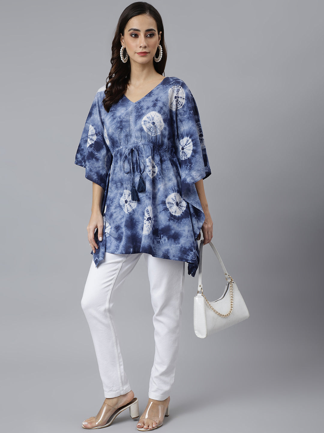 Janasya Women's Navy Blue Cotton Tie dye Kaftan Kaftan Tunic | Swadesiicart