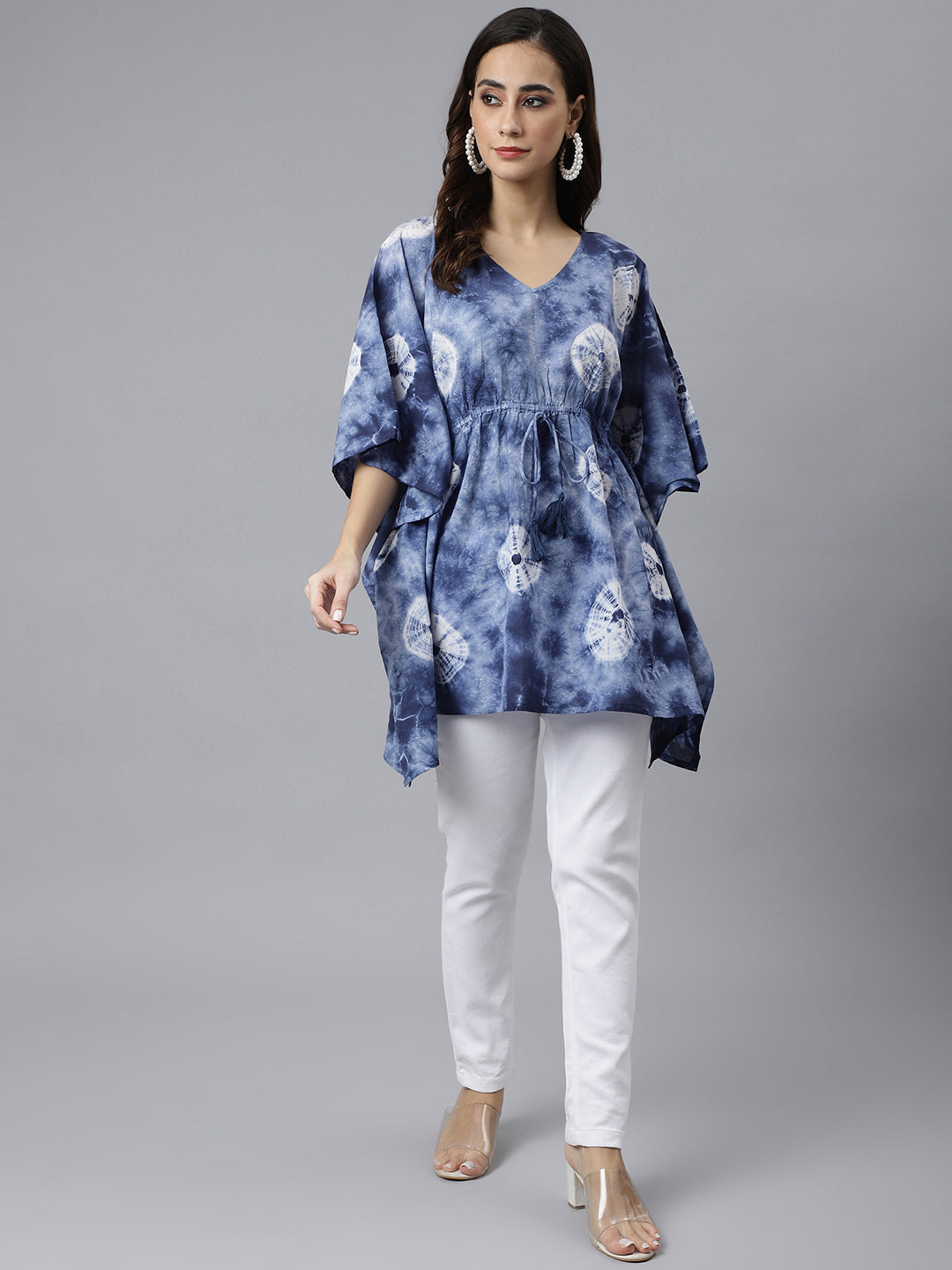 Janasya Women's Navy Blue Cotton Tie dye Kaftan Kaftan Tunic | Swadesiicart