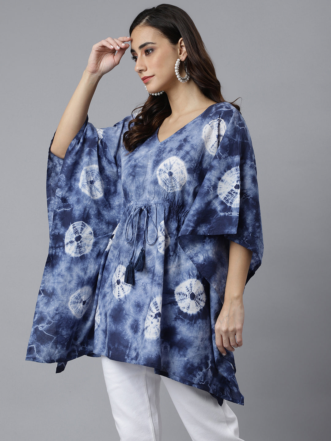Janasya Women's Navy Blue Cotton Tie dye Kaftan Kaftan Tunic | Swadesiicart