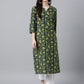 Indian Clothing Janasya Women's Dark Green Cotton Floral Printed Casual Straight Kurta | Swadesiicart