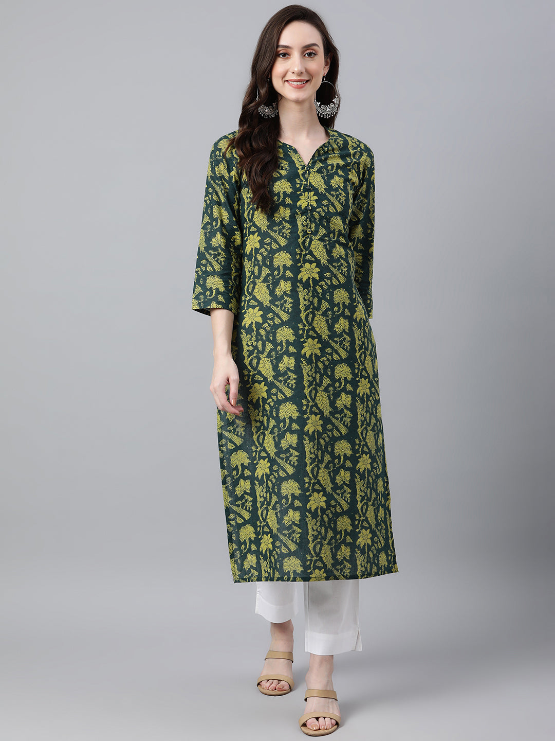 Indian Clothing Janasya Women's Dark Green Cotton Floral Printed Casual Straight Kurta | Swadesiicart