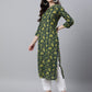 Indian Clothing Janasya Women's Dark Green Cotton Floral Printed Casual Straight Kurta | Swadesiicart