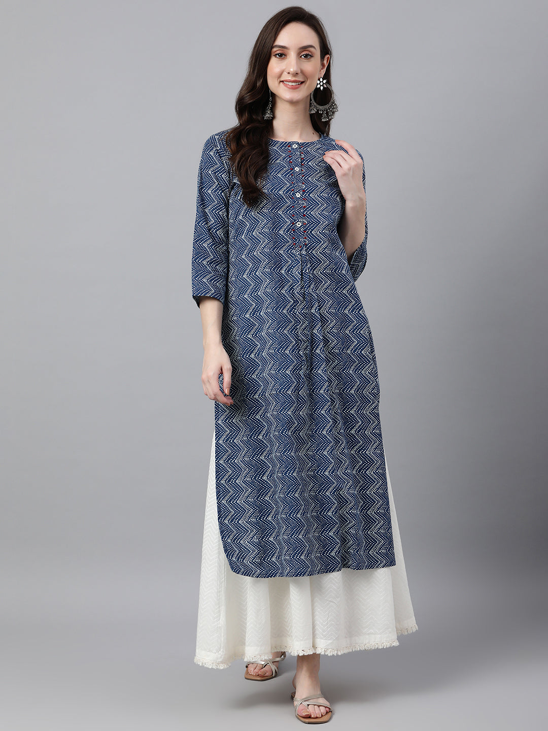 Janasya Women's Indigo Cotton Zig Zag Printed Casual Straight Kurta | Swadesiicart