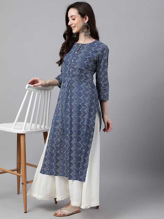 Janasya Women's Indigo Cotton Zig Zag Printed Casual Straight Kurta | Swadesiicart