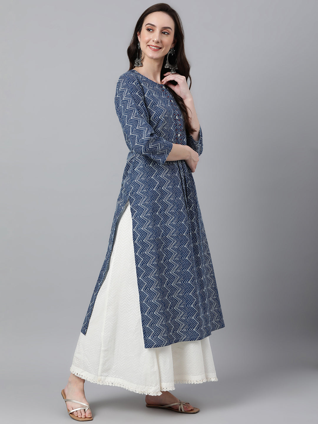 Janasya Women's Indigo Cotton Zig Zag Printed Casual Straight Kurta | Swadesiicart