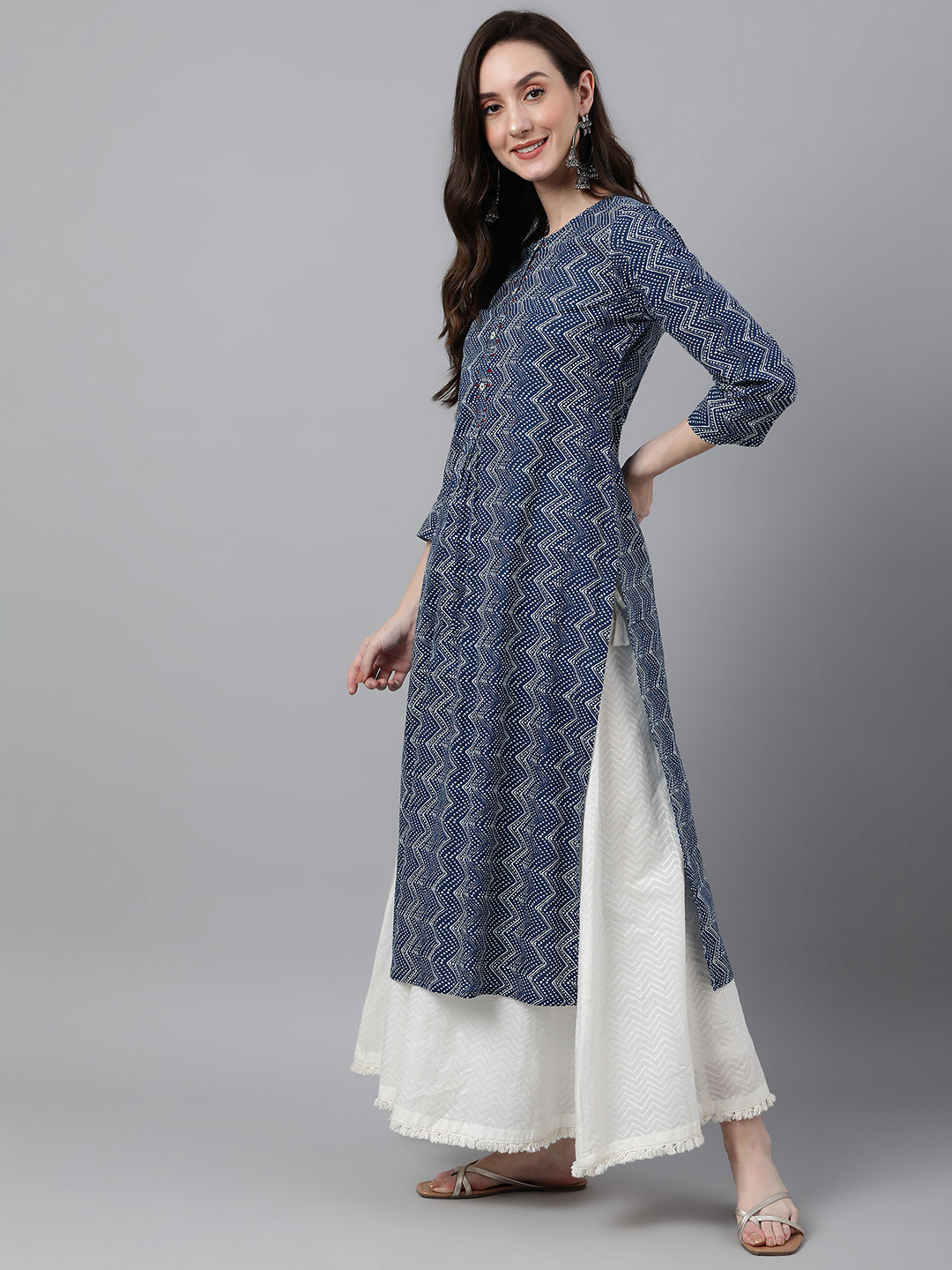 Janasya Women's Indigo Cotton Zig Zag Printed Casual Straight Kurta | Swadesiicart