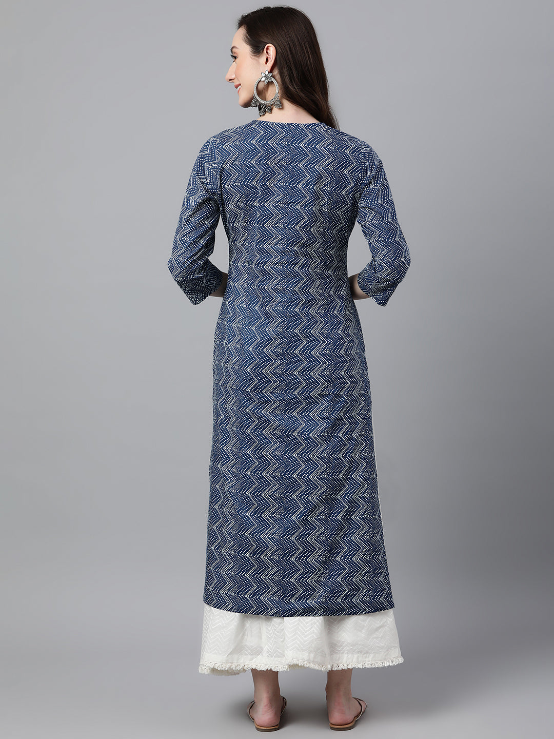 Janasya Women's Indigo Cotton Zig Zag Printed Casual Straight Kurta | Swadesiicart
