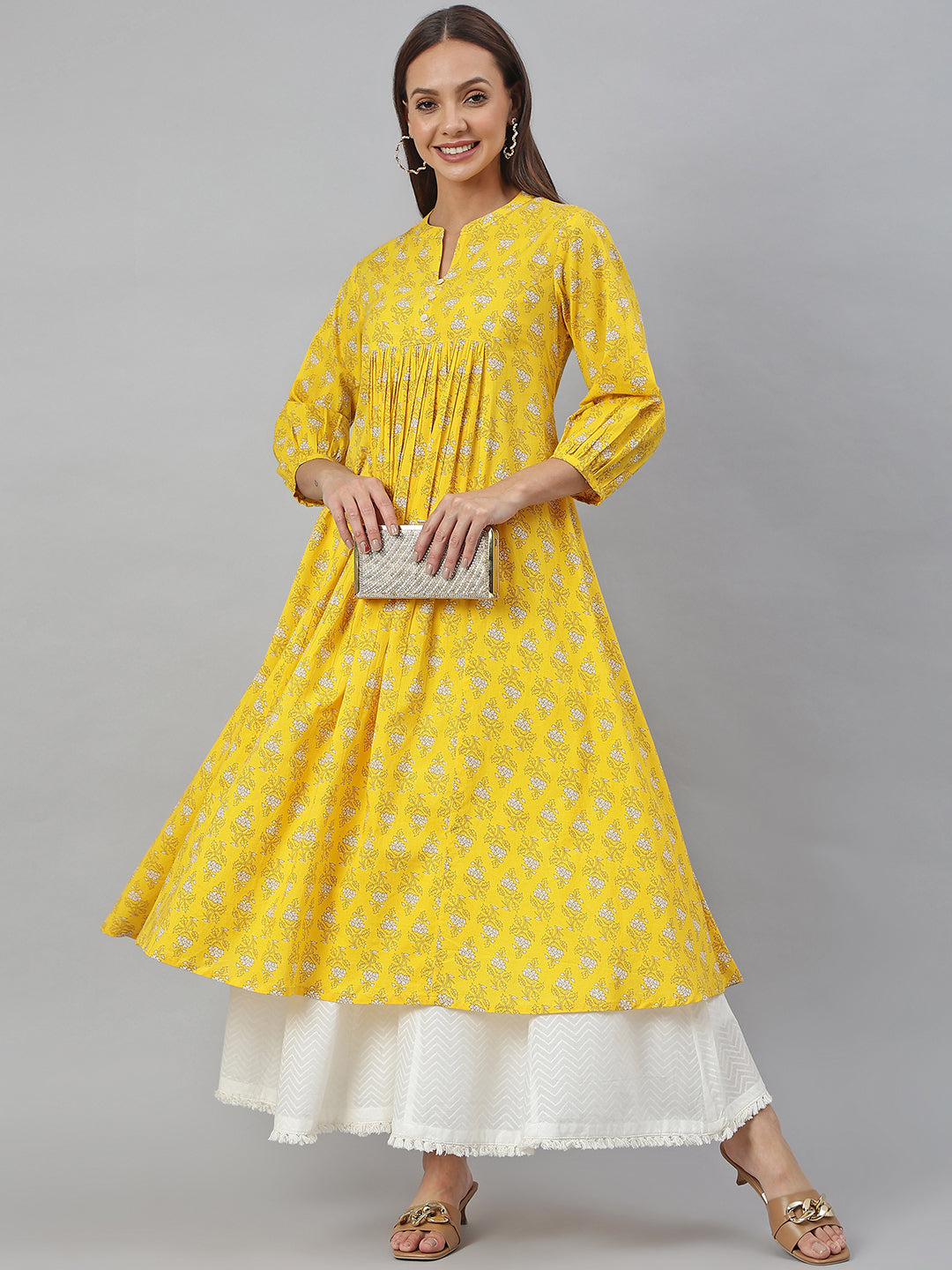 Janasya Women's Mustard Cotton Botanical Printed Casual Flared Kurta | Swadesiicart