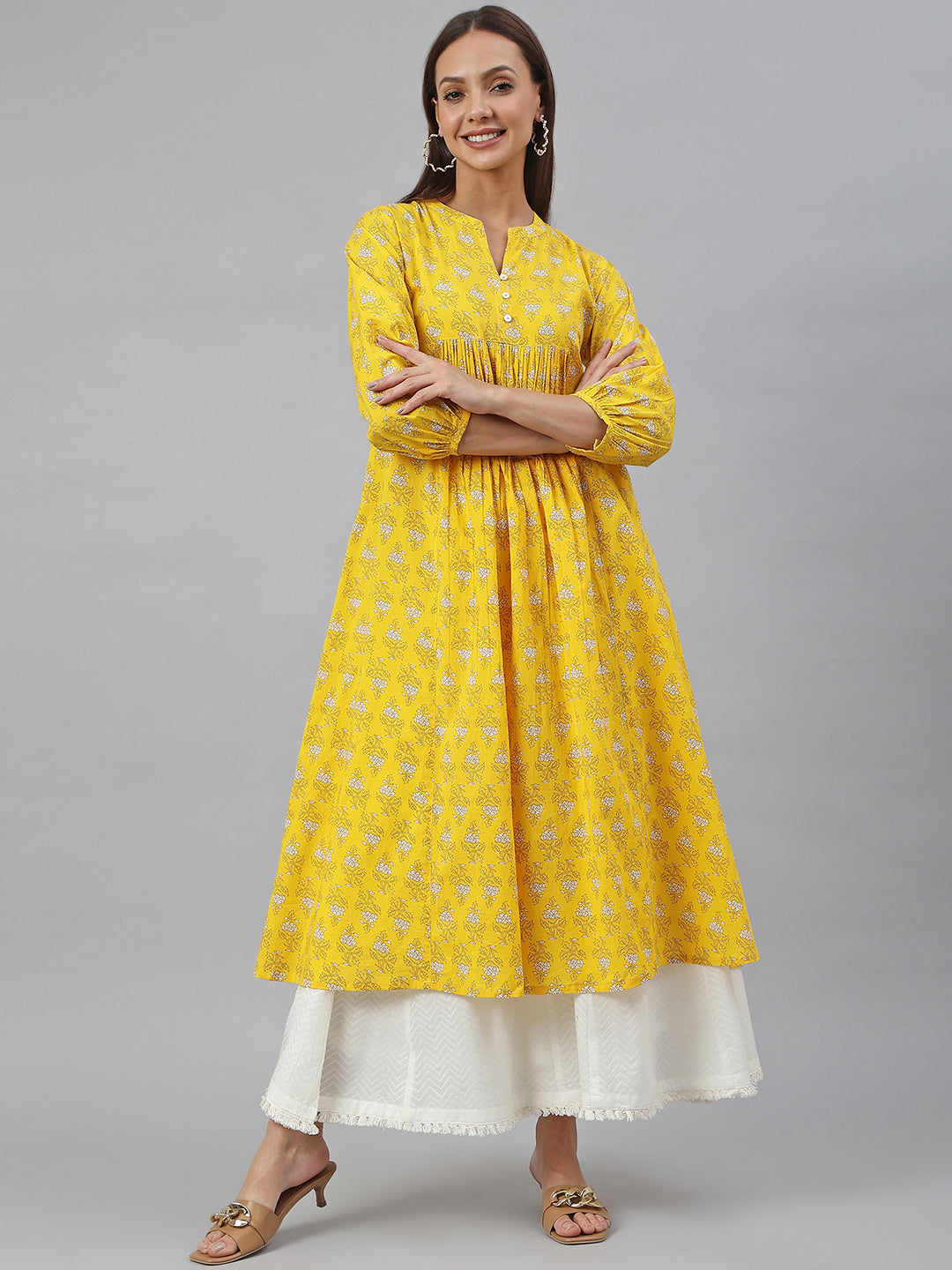 Janasya Women's Mustard Cotton Botanical Printed Casual Flared Kurta | Swadesiicart