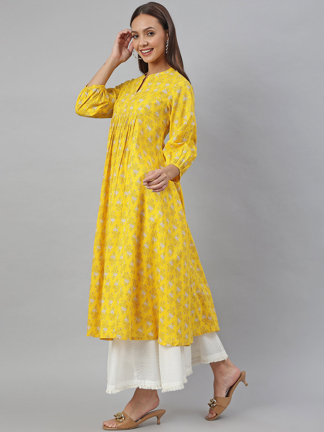 Janasya Women's Mustard Cotton Botanical Printed Casual Flared Kurta | Swadesiicart