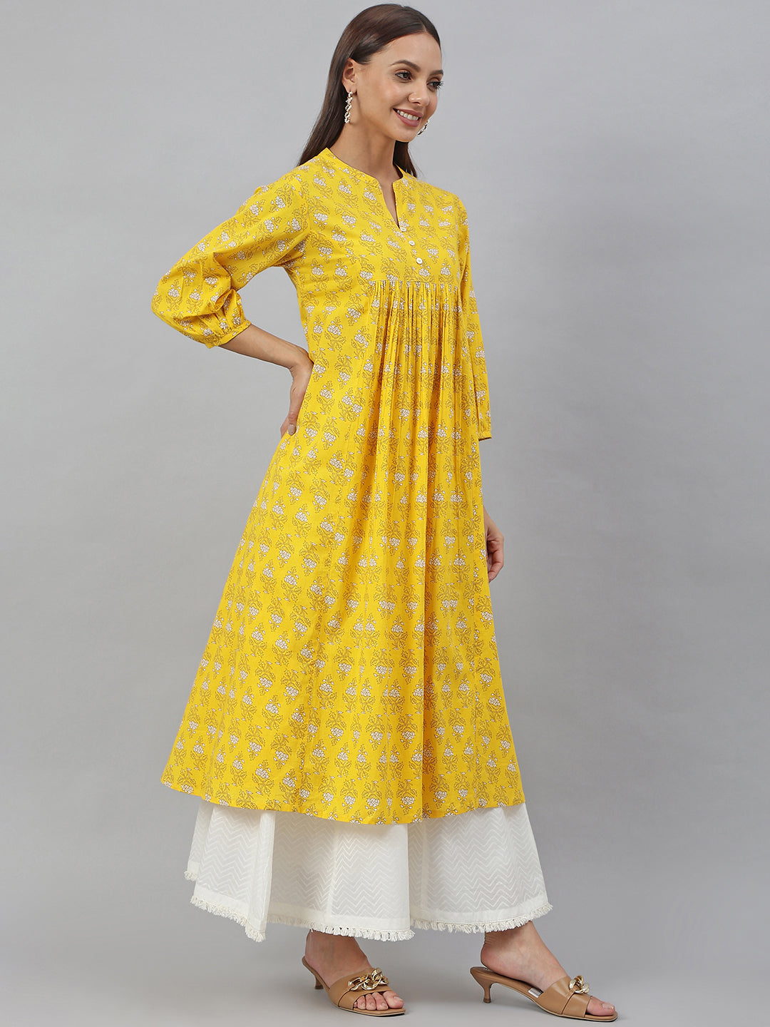Janasya Women's Mustard Cotton Botanical Printed Casual Flared Kurta | Swadesiicart